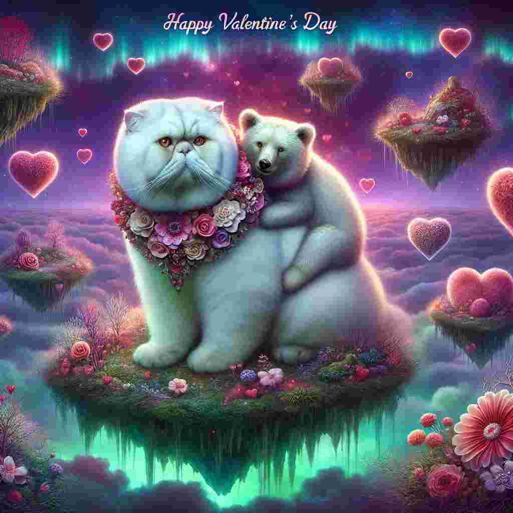 A majestic, white exotic short hair cat with a floral collar comprised of aromatic flowers is perched on the back of a good-natured bear with fur subtly marked with heart patterns, only discernible under the glow of the mystical scene illumination. They are surrounded by suspended islands teeming with verdant vegetation and fantastical flowers creating a chromatic orchestra of hues, signaling love. Surrounding these two central figures are hearts of varying sizes, appearing like bubbles wafting into the heavens. 'Happy Valentine’s Day' is emblazoned across the aurora-filled sky above, adding the final touch to this surreal yet lifelike Valentine's day scene.
Generated with these themes: White exotic short hair cat , Bear , Flowers , Hug, Hearts , and Word “Happy Valentine’s Day”.
Made with ❤️ by AI.