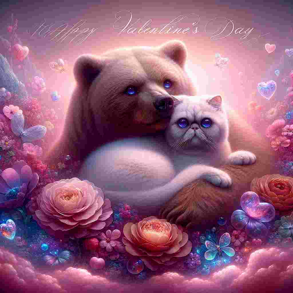 In a surreal yet realistic Valentine's scene, a small white exotic short hair cat with deep sapphire eyes lies comfortably in the protective embrace of a large, gentle bear. The pair is enveloped in a vibrant floral landscape that seems otherworldly, with flowers glowing and pulsating with light in an array of colors. Shimmering and semi-transparent hearts float around them, giving a fantastical feel to the image. Above them, etched in elegant script on the pale pink canvas of the sky, the phrase 'Happy Valentine's Day' gives a graceful finish to the serene scene.
Generated with these themes: White exotic short hair cat , Bear , Flowers , Hug, Hearts , and Word “Happy Valentine’s Day”.
Made with ❤️ by AI.