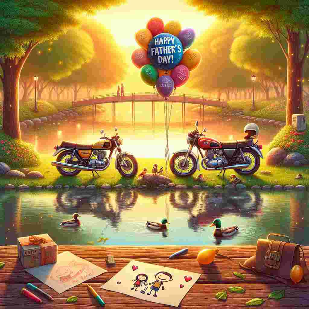 Create a vibrant and heartwarming Father's Day illustration. The scene is set in a sunlit park, centered around a small, shimmering pond. Near the water's edge, two motorbikes are resting against a rugged wooden bench. The bikes and bench are adorned with colorful 'Happy Father’s Day' balloons giving off a festive mood. Nearby, ducks are swimming casually across the reflecting pond. Beside one of the motorbikes, there's a child's drawing, showing a stick figure family, taped to the bike. Additionally, a caption of 'Best Dad Ever!' is prominently displayed on the drawing, suggesting it to be a heartfelt gift from a child to their father who has a passion for motorbike rides.
Generated with these themes: Motorbikes.
Made with ❤️ by AI.