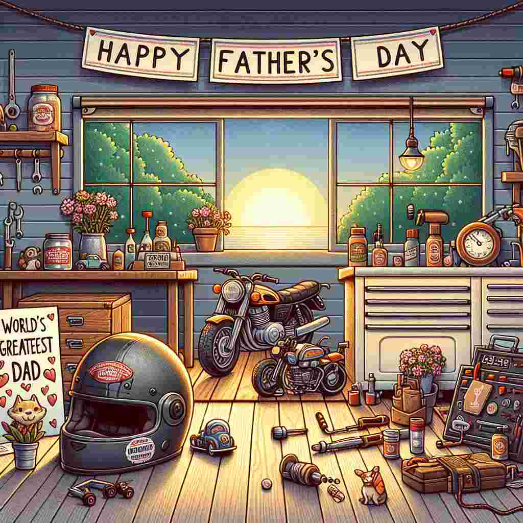 An endearing illustration themed around Father's Day showcasing a snug home garage. The garage is teeming with elements related to motorbikes such as tiny motorbike models, a helmet adorned with a 'World's Greatest Dad' sticker, and a workbench brimming with various tools. A banner displaying the words 'Happy Father's Day' is hung on the wall and a handmade card rests against a polished motorbike. Outside the window, the setting sun casts a warm, inviting glow, indicating the end of a fulfilling day.
Generated with these themes: Motorbikes.
Made with ❤️ by AI.