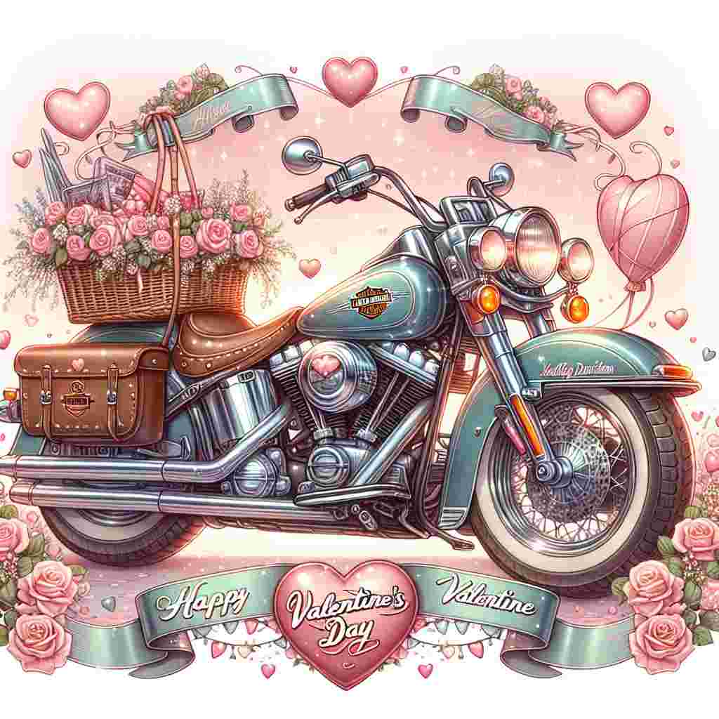Create an illustration that portrays a Valentine's Day theme with a classic Harley Davidson motorcycle as the primary focus. The license plate should read 'V2 ODD', prominently displayed on the front. The motorcycle is situated against a background of pastel colored hearts and ribbons. There is a basket fixed at the back of the bike, brimming over with roses and chocolates. The overall image is adorned with hints of glitter and gentle lighting, giving the scene a dreamy, romantic ambiance.
Generated with these themes: Harley Davidson motorbike registration V2 ODD.
Made with ❤️ by AI.