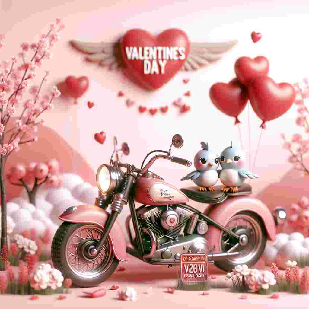 Create a charming image for Valentine's Day. The centerpiece of the piece should be a vintage motorcycle, reminiscent of a Harley Davidson, with the unique identifier V2 ODD on the license plate. The scenescape should be filled with whimsical details like heart-shaped balloons attached to the handlebars, and a harmonious blend of soft pink and red color themes. Add in two affectionate cartoon birds sitting on the seat, looking at each other lovingly, to encapsulate the romantic spirit of this special day.
Generated with these themes: Harley Davidson motorbike registration V2 ODD.
Made with ❤️ by AI.
