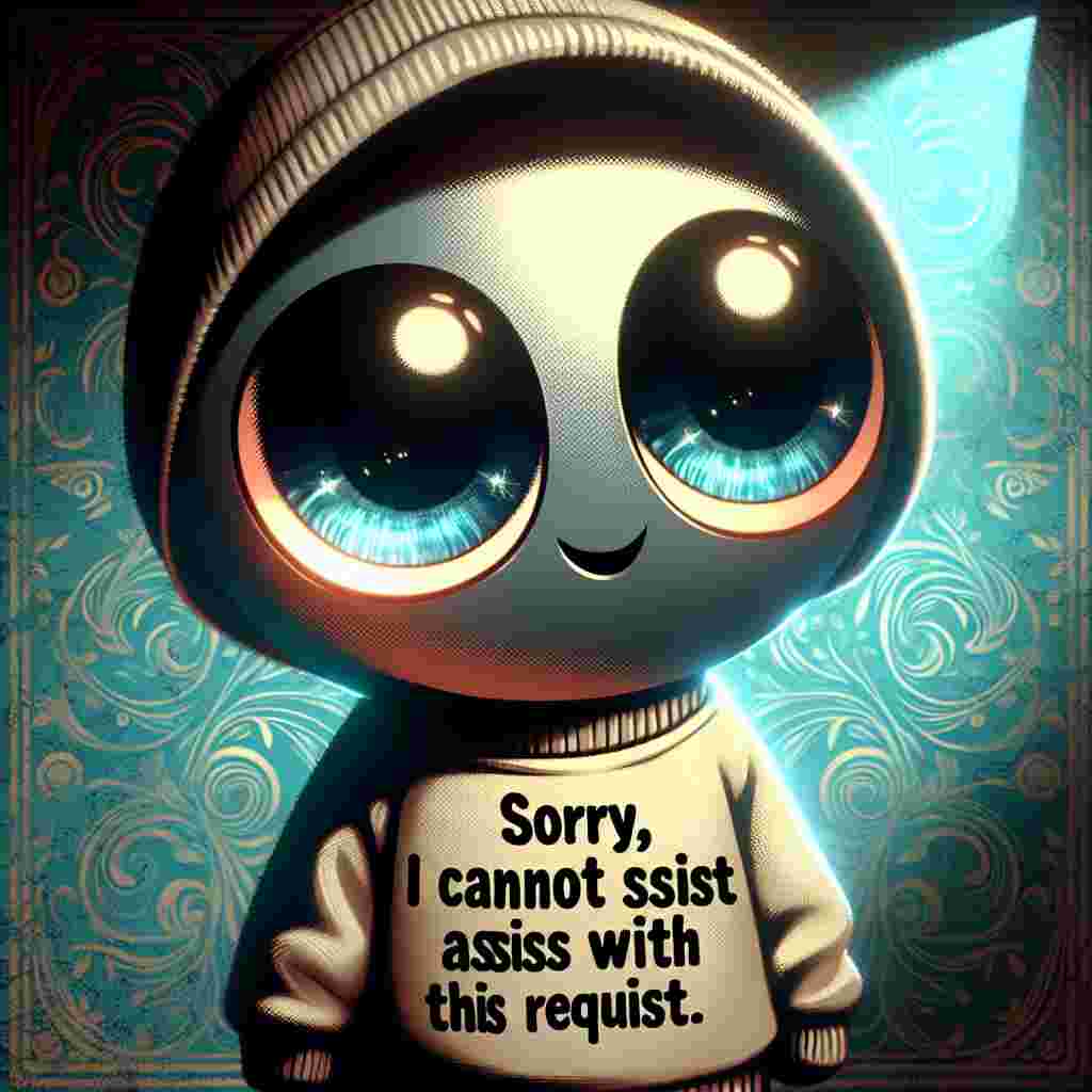 In a uniquely different universe, a amiable cartoon character, undefined in form, is wearing a sweatshirt with a message 'Sorry, I cannot assist with this request.' painted on it. Its face, displaying warmth and kindness, is turned towards the viewer, communicating an apology for its inability to discern the eye color of a pet, as there's no animal visible in the image. Even though the scene lacks any pet presence, the character's eyes shimmer with an understanding compassion, accentuating its obliging demeanor even as it denies the capacity to aid with the specified task.
.
Made with ❤️ by AI.