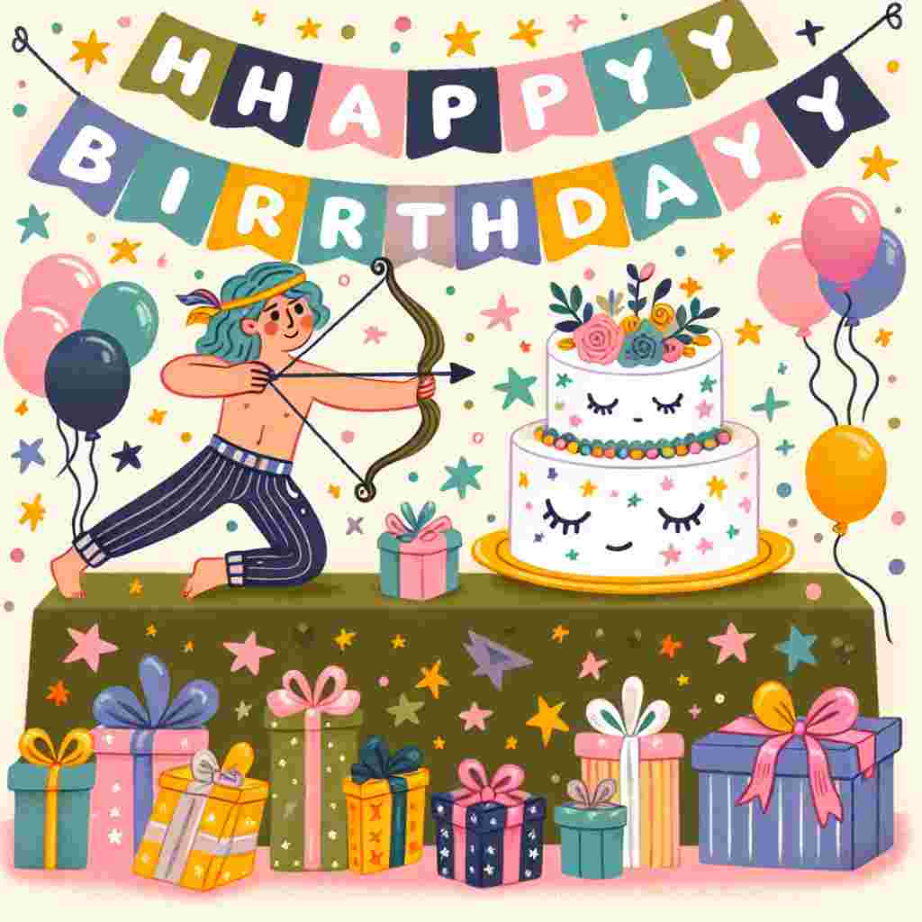 A playful illustration of a Sagittarius-themed birthday party, with a cartoon archer on a cake, surrounded by gifts and stars. In the background, a banner that reads 'Happy Birthday' in colorful, bouncy letters hangs across the top.
Generated with these themes: Sagittarius Birthday Cards.
Made with ❤️ by AI.