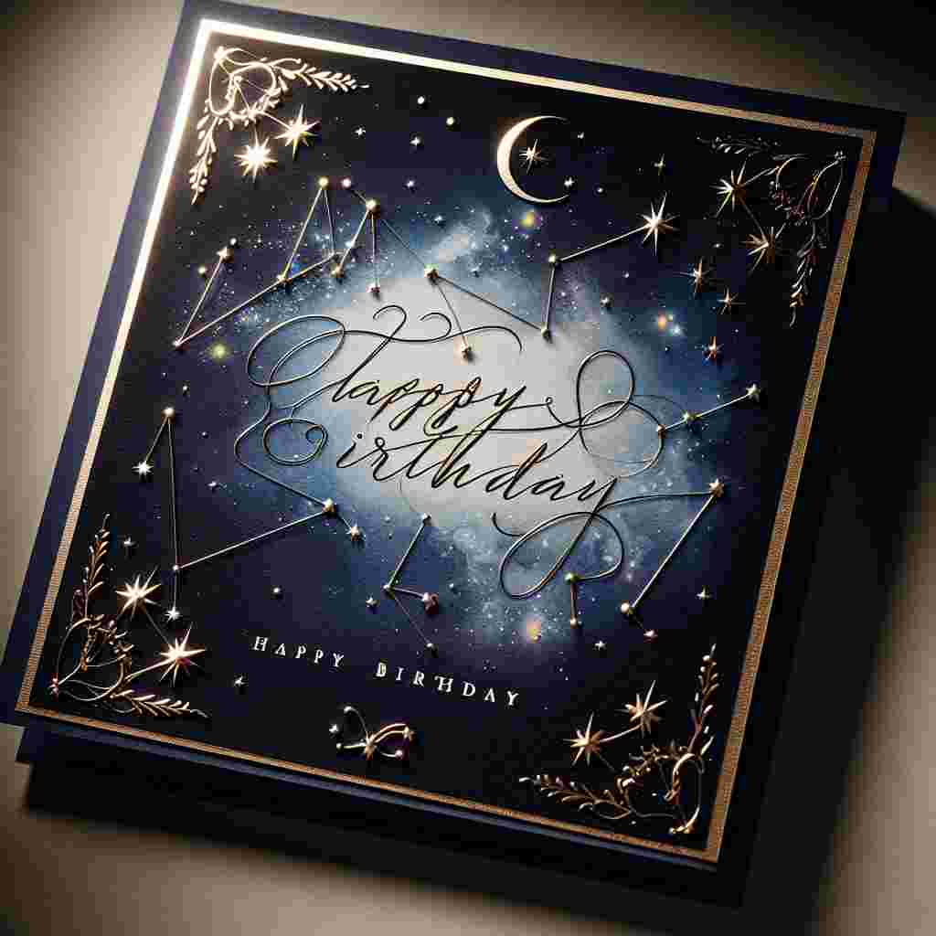 An elegant birthday card featuring a majestic Sagittarius constellation that subtly glows against a midnight blue background. Beneath the stars, a delicate script reads 'Happy Birthday', while a border of gold foil stars and moons adds a touch of magic.
Generated with these themes: Sagittarius Birthday Cards.
Made with ❤️ by AI.