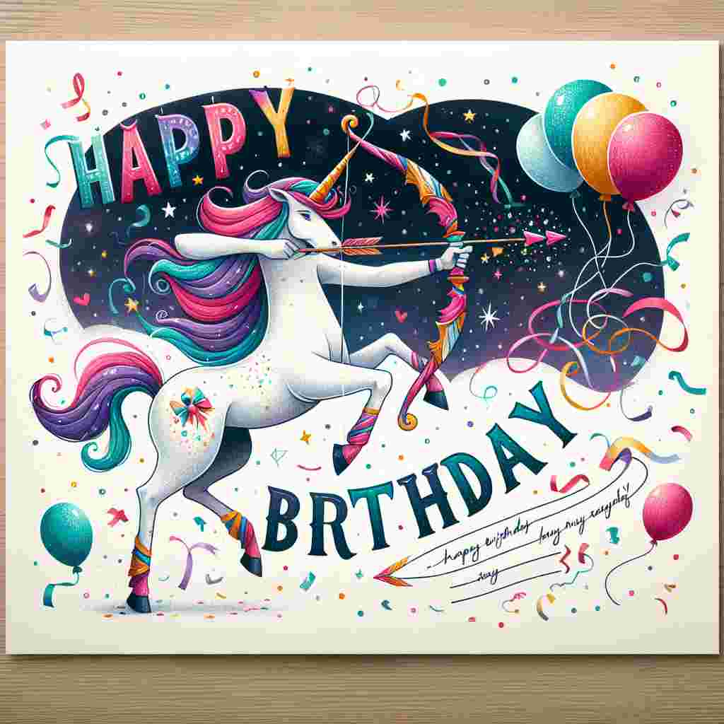 A vibrant birthday card featuring a whimsical Sagittarius archer, a centaur with a colorful bow, surrounded by confetti and balloons. The archer carefully aims an arrow with a heart-shaped tip towards a starry sky. 'Happy Birthday' is scripted above in bold, playful lettering.
Generated with these themes: Sagittarius Birthday Cards.
Made with ❤️ by AI.