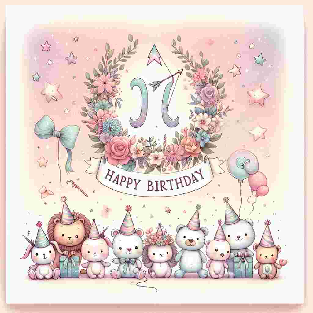 A pastel-themed birthday card showcasing a cute Sagittarius symbol, the bow and arrow, adorned with flowers and ribbons. Below it, a group of cuddly animals in party hats celebrate. Overhead, 'Happy Birthday' floats like a gentle cloud amid soft stars.
Generated with these themes: Sagittarius Birthday Cards.
Made with ❤️ by AI.