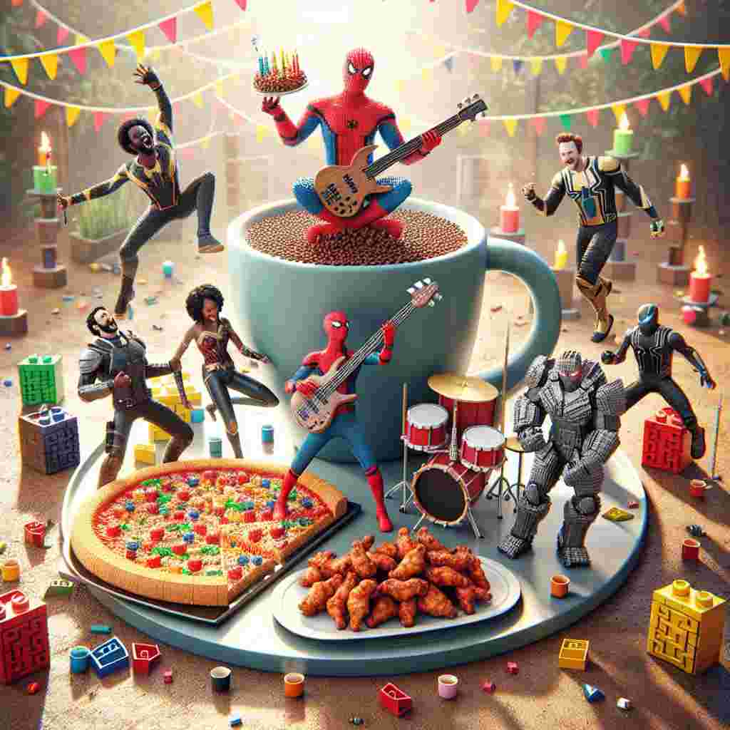 A delightful birthday rendering features a group of fictional comic book heroes celebrating around a huge, steaming cup of coffee that serves as their table. One hero, renowned for his agility and spider-like abilities, is strumming a bass guitar, creating a joyful melody that has another hero, famous for his metal suit, tapping his armored boots. Surrounding them are colorful interlocking brick constructions, doubling as unusual party decorations. In the center is a pizza with an assortment of tasty toppings placed on an interlocking brick stand, while juicy chicken wings are piled high on a round, shield-shaped platter. The atmosphere is playful and filled with vitality, ideal for birthday festivities.
Generated with these themes: Marvel , Coffee , Bass guitar , Lego , and Pizza and wings.
Made with ❤️ by AI.