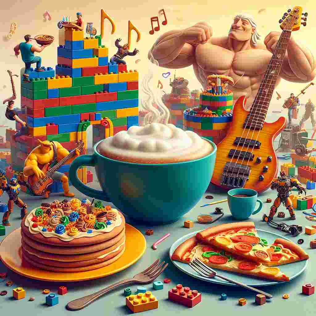 Imagine a festive, colorful birthday celebration scene. The centerpiece of the scene is a large steaming mug of frothy coffee, tempting all to partake in the warm delight. Nearby, a musical instrument, a bass guitar, rests against a collection of interlocking toy bricks that signify the wonder of creativity and play. Two muscular, superhero-like characters are engrossed in a delicious feast of pizza and wings, their plates ingeniously shaped from the same interlocking bricks. In the distance, a group of people partaking in the party are busily constructing an intricate fortress out of the toy bricks. They symbolize diligence and teamwork. This scene exemplifies relaxation, personal hobbies, and the sheer pleasure of marking another year with good food and the company of friends.
Generated with these themes: Marvel , Coffee , Bass guitar , Lego , and Pizza and wings.
Made with ❤️ by AI.