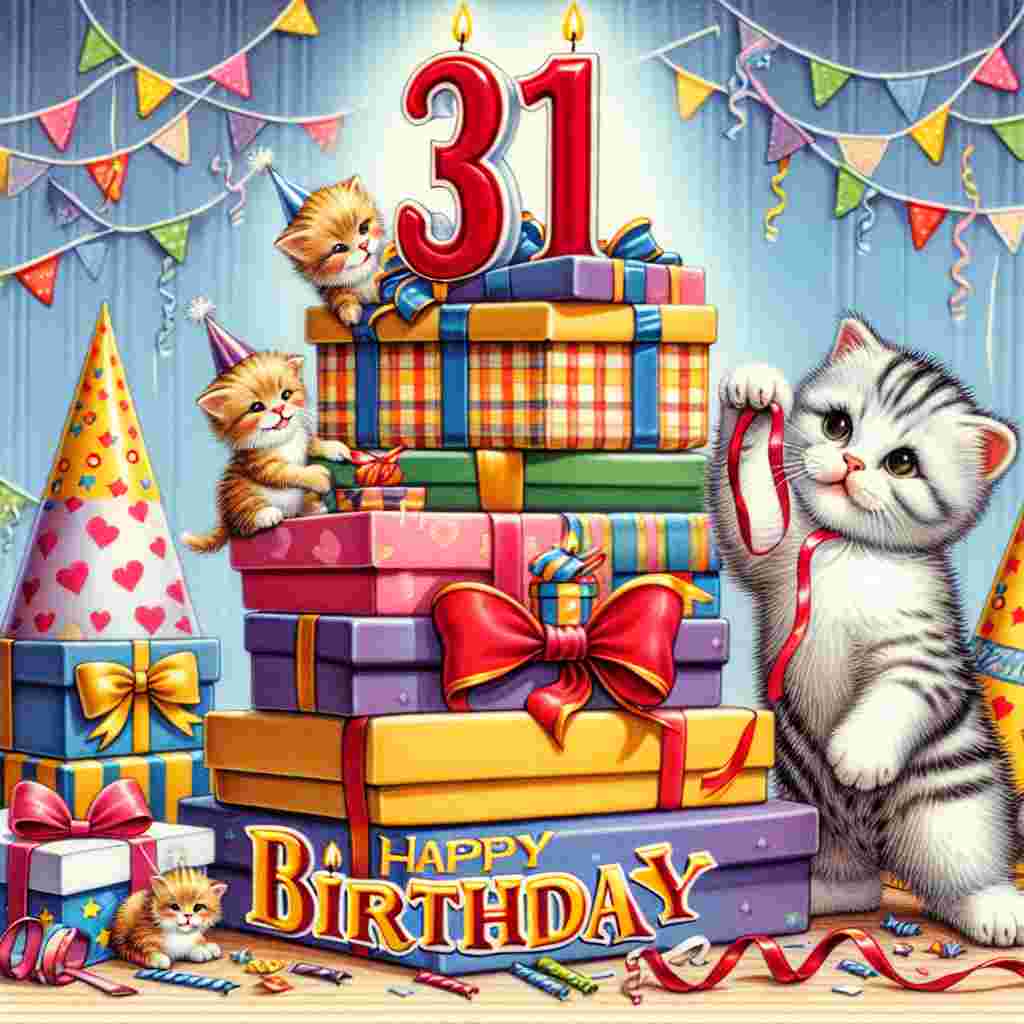 A charming scene depicting a stack of gifts adorned with the number '31th' and a kitten playing with a ribbon on top. Party hats and streamers are scattered about, with 'Happy Birthday' cheerfully scrawled across the bottom of the scene.
Generated with these themes: 31th  .
Made with ❤️ by AI.