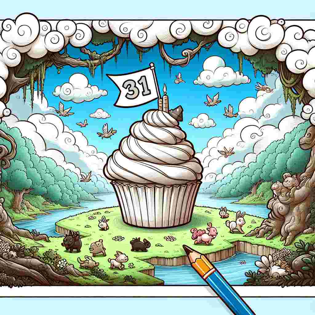 A cartoon-style drawing of a fantastical landscape with a banner that reads '31th'. Playful creatures dance around a giant cupcake, and 'Happy Birthday' floats in the sky formed by puffy clouds.
Generated with these themes: 31th  .
Made with ❤️ by AI.