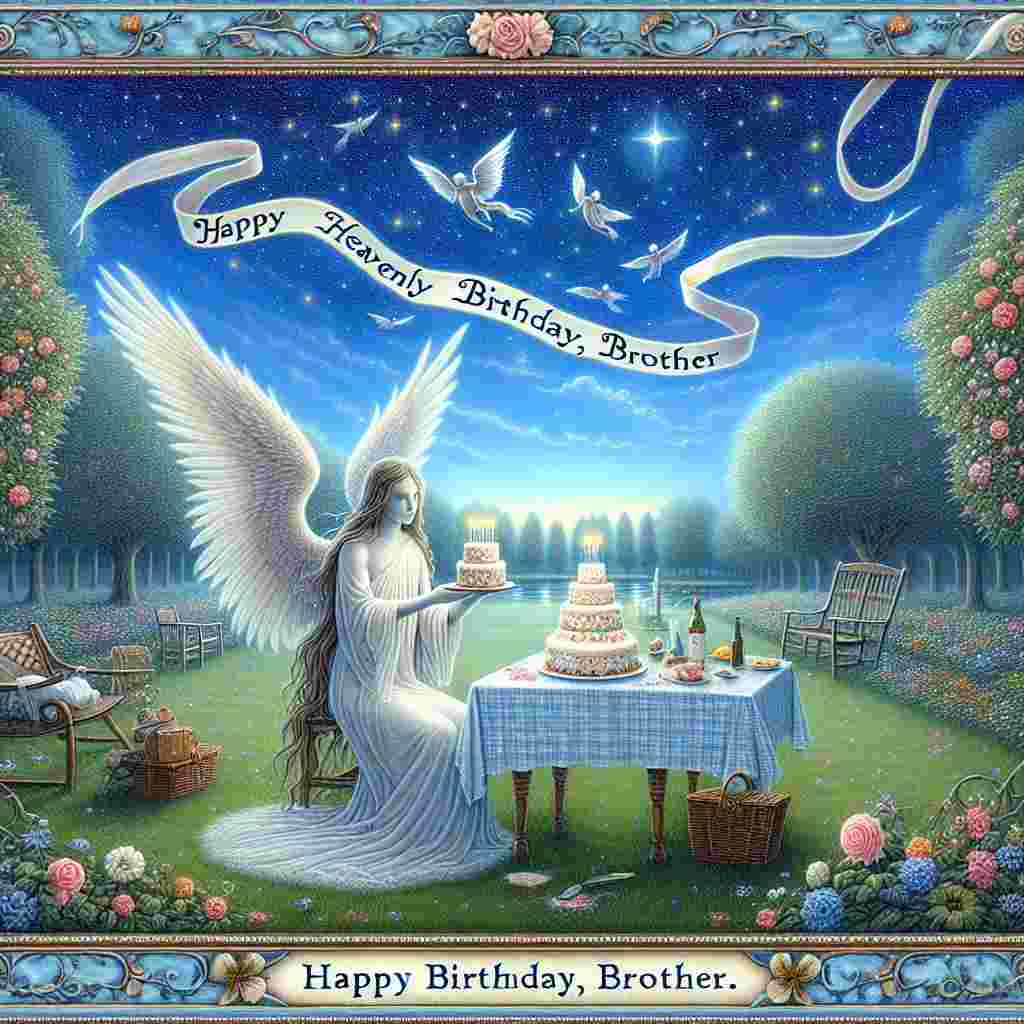 The scene involves a quaint garden picnic under the heavens, with a clear blue sky overhead. In the center, a character resembling a brother with angelic wings embraces a simple yet elegant birthday cake. Above him, a ribbon curls through the air, reading 'Happy Heavenly Birthday, Brother.' The entire ensemble is enclosed by a floral border, with 'Happy Birthday' inscribed in a classic, flowing typeface at the bottom.
Generated with these themes: happy heavenly  brother.
Made with ❤️ by AI.