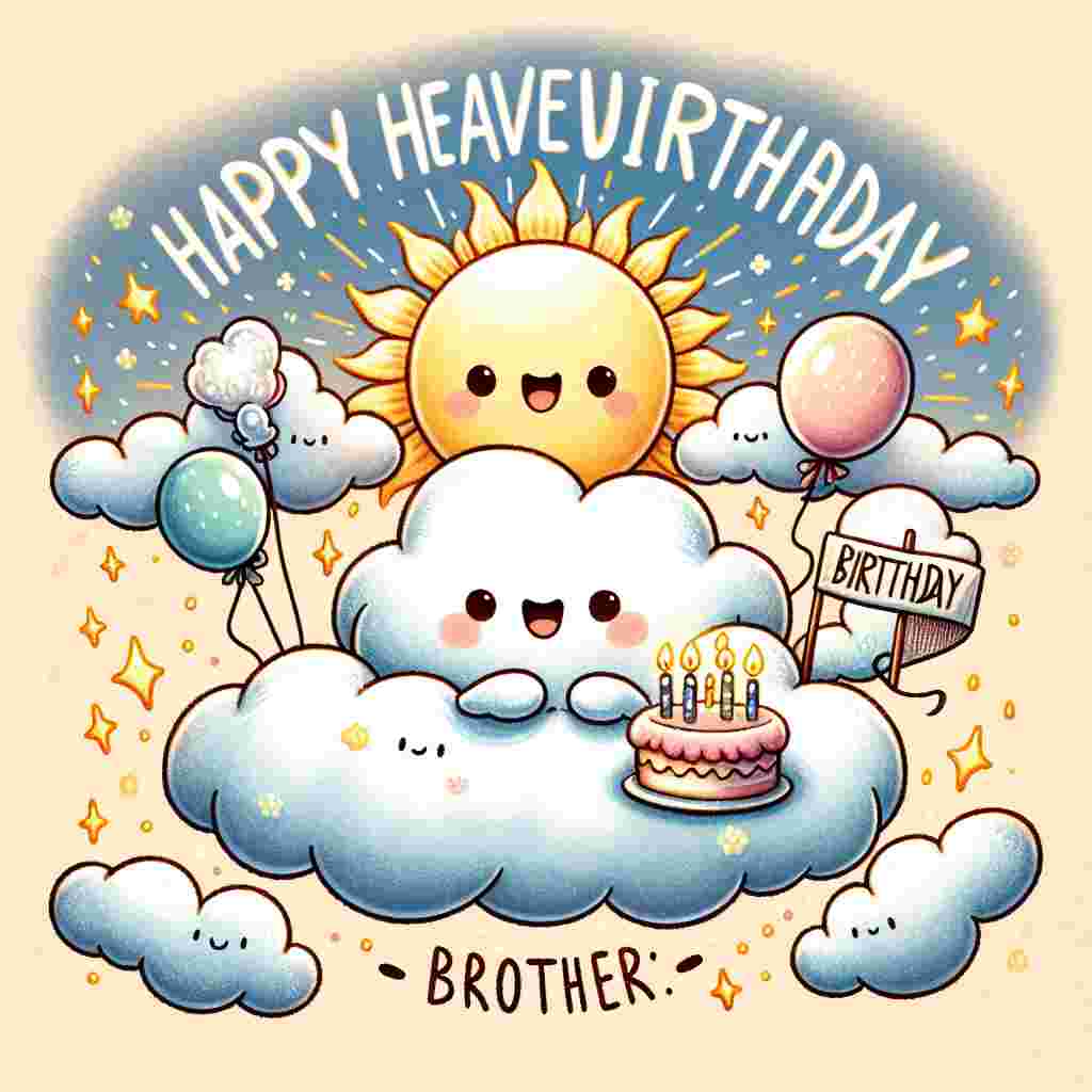 A heartwarming illustration displaying a cloudy sky, where a smiling sun peeks out, shining warmly upon a cheerful, cloud-shaped character holding a banner that reads 'Happy Heavenly Birthday, Brother.' Balloons and a cake with lit candles float around the phrase 'Happy Birthday' written in the clouds.
Generated with these themes: happy heavenly  brother.
Made with ❤️ by AI.