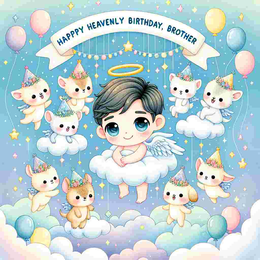This illustration portrays a tranquil celestial backdrop, with a cartoon-styled brother wearing a halo, floating joyfully among the clouds. He's surrounded by friendly animals in party hats, and a banner above them that says 'Happy Heavenly Birthday, Brother.' Below this ethereal gathering, 'Happy Birthday' is written in a playful, child-like script, amidst a cluster of pastel balloons and stars.
Generated with these themes: happy heavenly  brother.
Made with ❤️ by AI.