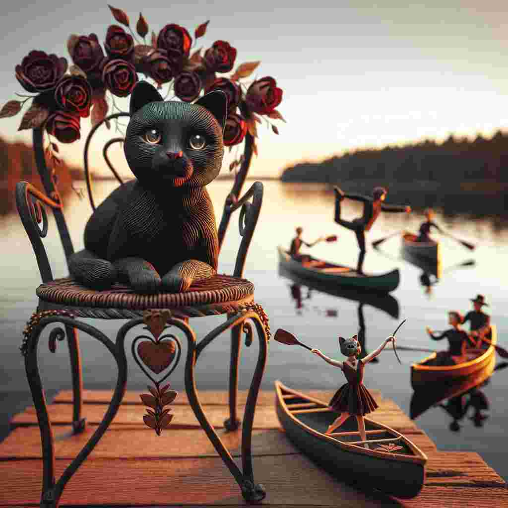 Craft an idyllic Valentine's Day vignette, featuring a lifelike black cat with luminous, tender eyes perched on an antique hand-forged iron chair by the edge of a calm lake. The chair is adorned with intricately woven garlands of flowers, their delicate petals kissed by the radiant glow of the setting sun. Several canoes float elegantly on the lake, skillfully navigated by duos of affectionate partners reveling in the tranquil surroundings. In close proximity, on a vintage wooden pier, the rhythmic beat of tap dancing shoes serves as a captivating melody to this enchanting scene of romance.
Generated with these themes: Black cat, Chairs, Kayaking, and Tap dancing.
Made with ❤️ by AI.