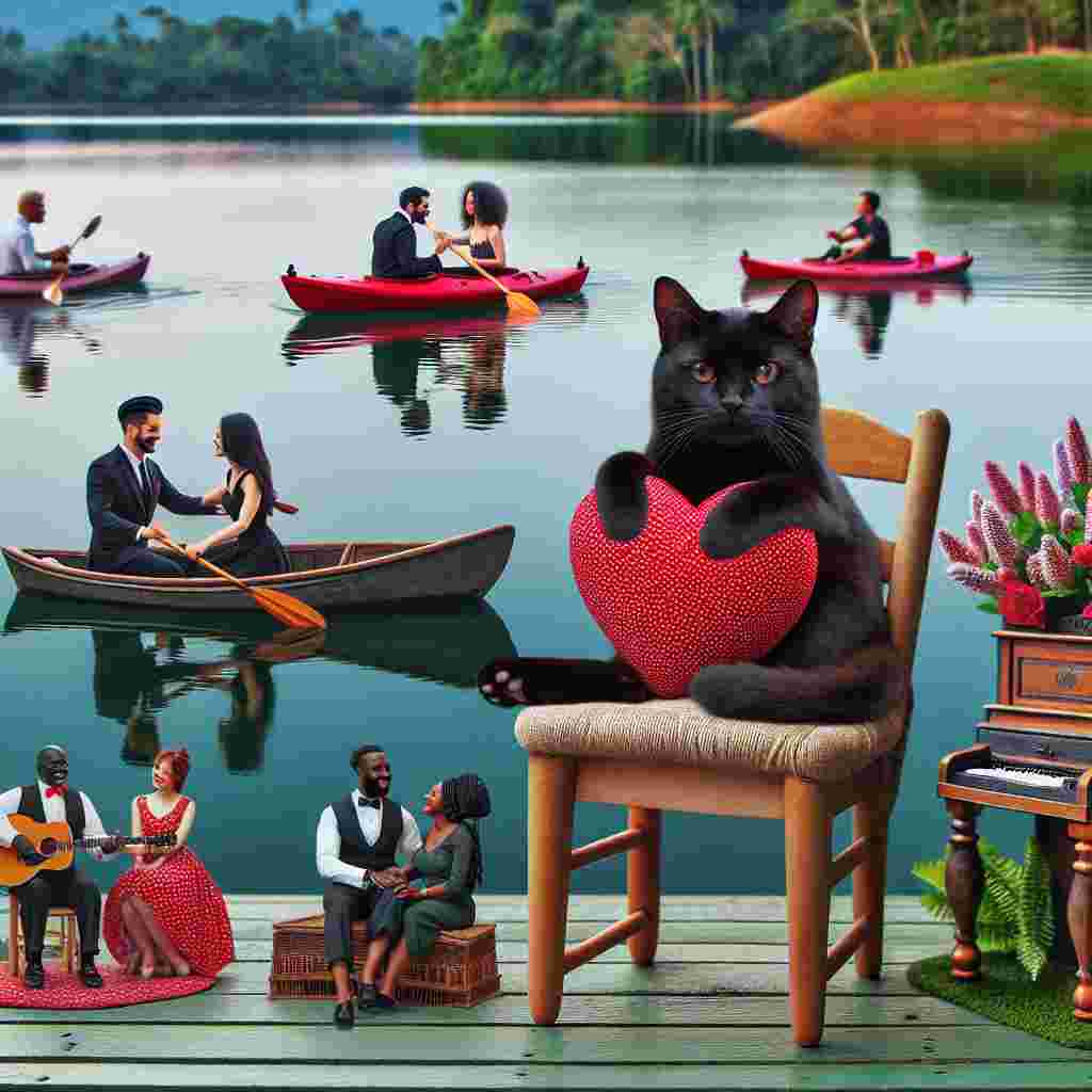 Visualize a charming scene where a plush black cat is comfortably seated atop a quaint wooden chair, which is adorned with a dainty red heart-shaped cushion. This chair is placed by the water edge of a calm tranquil lake. In the lake, you see couples of various descents and genders, South Asian woman with a Middle-Eastern man, Black man with a Hispanic woman, engaging in serene kayaking. Their boats seem to be gently bobbing in sync with the rhythm of soft waves. In the environmental background, the melodious taps from an interracial couple, a White man and Black woman, tap dancing on a small wooden stage creates a lively yet tender ambiance. All these elements come together to craft a picturesque Valentine's Day setting.
Generated with these themes: Black cat, Chairs, Kayaking, and Tap dancing.
Made with ❤️ by AI.