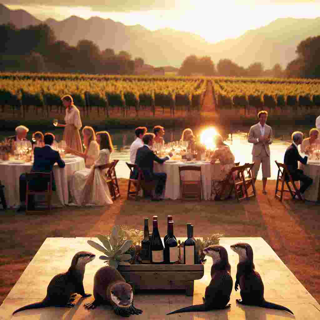 Under the warm golden hue of the setting sun, a small gathering celebrates a birthday in an idyllic Italian vineyard setting, radiating tranquility and realism. Guests of various descents and genders are seen leisurely watching otters elegantly swimming in a peaceful nearby stream, representing a touch of playfulness in the serene environment. A rustic table elegantly arranged with a collection of aged wines sits in the foreground, their enticing scents blending with the evening breeze. The minimalistic decorations subtly underscore the majestic natural beauty around and the seriousness of the event.
Generated with these themes: Italy, Otters, and Wine.
Made with ❤️ by AI.