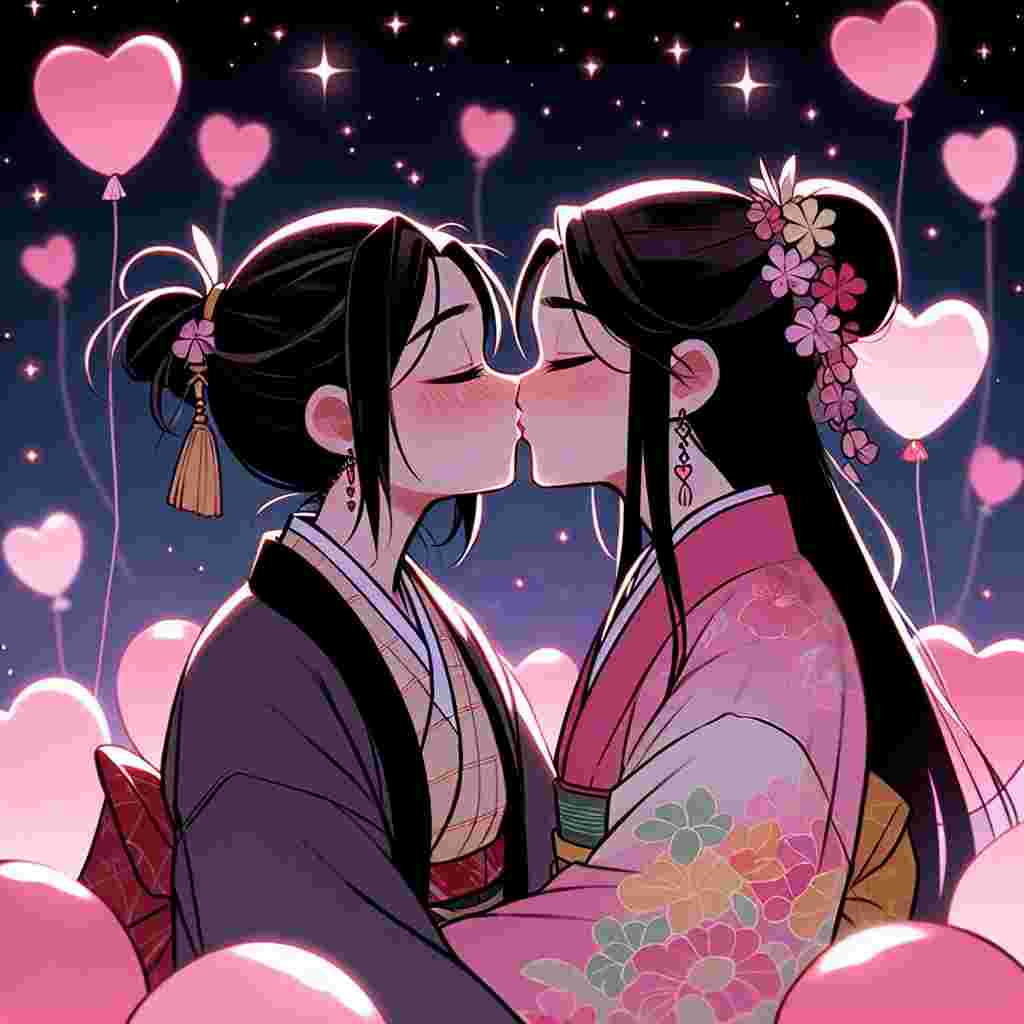 The scene portrays a heartwarming Valentine's moment with an anime-style influence. Two South Asian and Hispanic girls are exchanging a soft kiss under a star-studded night sky. They are encompassed by scattered pink heart-shaped balloons, dressed in a blend of traditional and contemporary Japanese clothing, acknowledging the anime influence. Their serene expressions and closed eyes amplify the romantic atmosphere, expressing a profound same-sex love that is communicated eloquently without words.
Generated with these themes: Anime, Lesbian, and Romantic.
Made with ❤️ by AI.