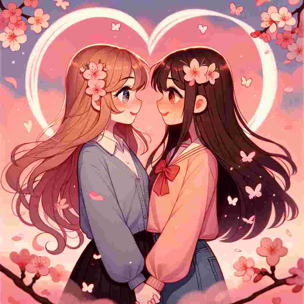 Create a whimsical Valentine's Day illustration. The backdrop is a softly blushing sky. Two anime-style girls, one of Middle Eastern descent and the other of South Asian descent, are in a heartfelt embrace. They are characterized by their exaggeratedly cute features. Beautiful cherry blossom petals are drifting around them, enhancing the romantic atmosphere. Their eyes meet in a moment of shared love denoting a lesbian relationship. They are holding hands, with an artfully created heart symbol gracefully encircling them, signifying their bond.
Generated with these themes: Anime, Lesbian, and Romantic.
Made with ❤️ by AI.
