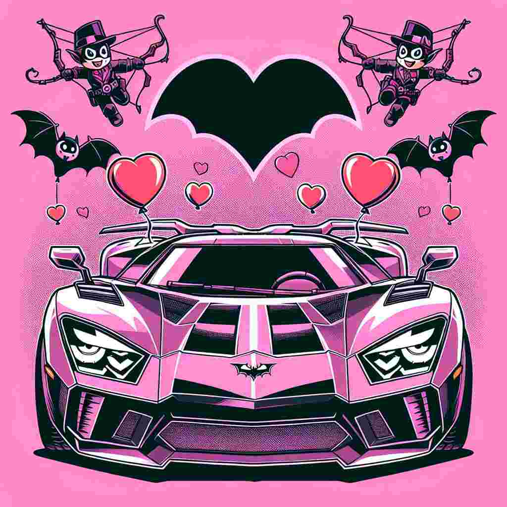 An anime-style image of an iconic sports car, with a dark vigilante symbol on the hood, set against a vivid pastel pink background. Heart-shaped balloons are scattered in the air around the car. Above the car, a pair of cartoonish, wide-eyed bats in Valentine's themed attire hover with comical bows and arrows. The overall scene provides a blend of playful romance and superhero elements.
Generated with these themes: Mx5 Batman .
Made with ❤️ by AI.