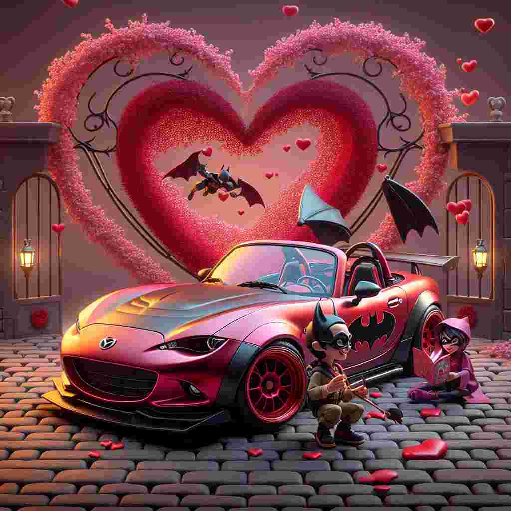 A delightful image featuring a stylized, bat-themed sports car, reminiscent of a Mx5 Miata. The car is highly customized, including bat-wing style rear spoilers and a heart-themed bat signal emblem gracing the car doors. It rests on an attractive cobblestone path leading up to a unique, heart-shaped archway. Beneath the arch, two animated figures, a hero in a bat-themed outfit and a lady cat-suit clad thief, are captured in a sweet moment of exchanging Valentine's Day cards. The scene is warmly coated in hues of soft red and pink, with floating hearts and flowers adding to the ambiance, creating a splendid depiction of Valentine's Day cheer.
Generated with these themes: Mx5 Batman .
Made with ❤️ by AI.