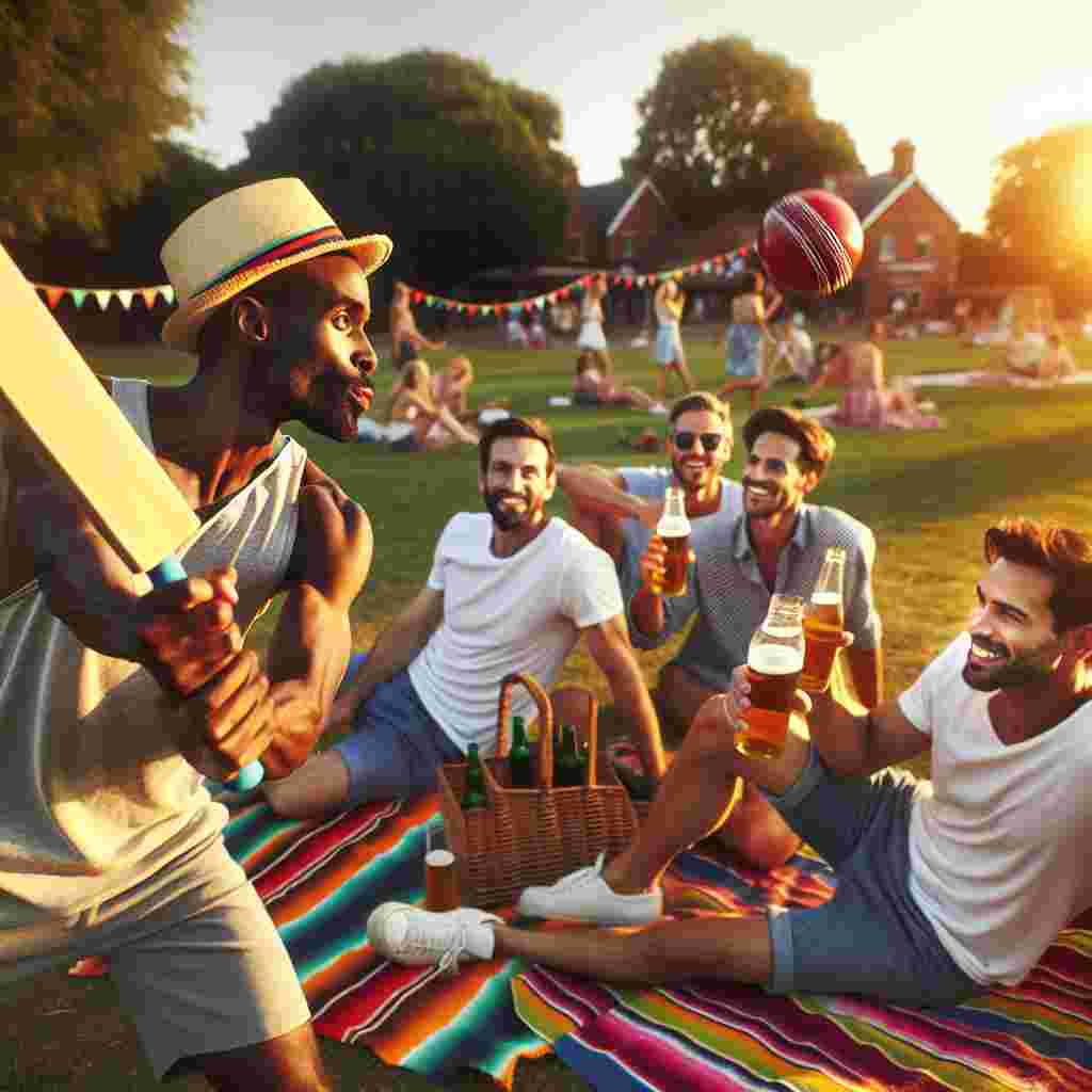 The sun shines pleasantly over a community park bustling with joy and excitement. An African-American gentleman, clad in athletic gear, makes an assertive stroke with a cricket bat, propelling the spherical object in mid-air, attracting cheers. A group of his friends, Caucasian and Hispanic individuals, recline on vibrantly hued picnic blankets, lifting beer bottles gleaming in afternoon light, exchanging friendly jibes and laughter. There's a sense of camaraderie that doesn't rely on the presence of actual fathers, rather memorable moments shared, establishing the essence of a good-natured father's day gathering.
Generated with these themes: Man playing cricket, and Drinking beer with friends.
Made with ❤️ by AI.