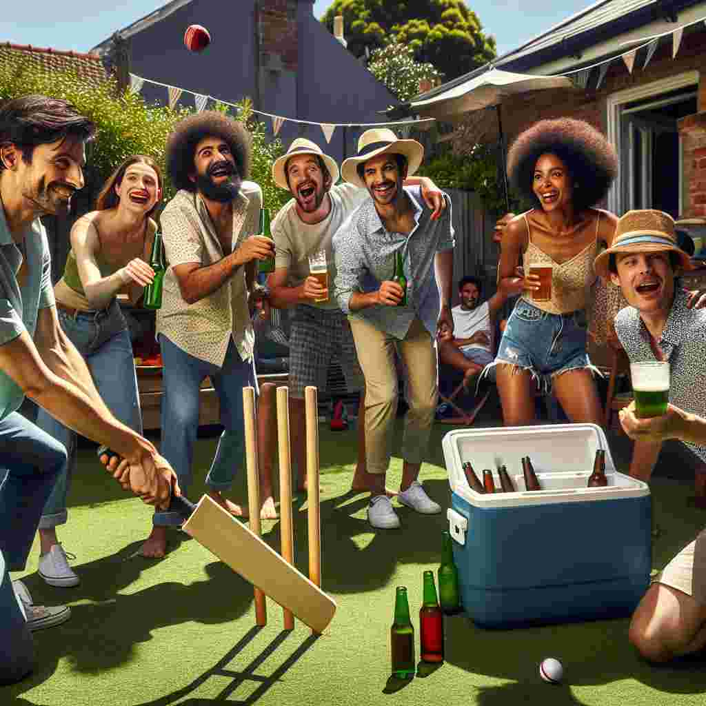 A sun-drenched backyard turned into an impromptu cricket ground for a Father's day celebration. A diverse group of friends, including a Middle-Eastern man, a Caucasian woman, a Black man, and a South Asian woman are exuding joy. One friend, a biracial male of Asian and Hispanic descent, holds a bat and is about to hit a makeshift ball towards the improvised boundary. A cooler nearby pops open, revealing a selection of frosty beers. A small group of friends, including a White woman and a Black man are gathered around it, clinking bottles in a toast and cheering on their friend, the make-do cricketer.
Generated with these themes: Man playing cricket, and Drinking beer with friends.
Made with ❤️ by AI.