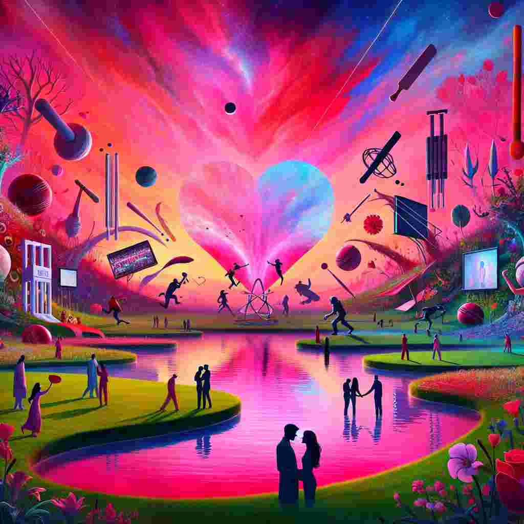 Depict a mystical Valentine's setting. The landscape showcases an expansive, colorful oasis with its clear waters reflecting the unreal, pink, and red sky. Among the flourishing greenery, there are abstract forms resembling cricket equipment, bats, and balls, interacting with shadowy figures of couples in love. Behind these playful arrangements, a huge screen displays segments of quintessential love-inspired movies, blending into a montage that signifies the essence of love. In the distance, an abstract recreation of a football team's emblem forms a constellation, guarding the whimsical tableau.
Generated with these themes: Arsenal, Cricket, Oasis, and Movies.
Made with ❤️ by AI.