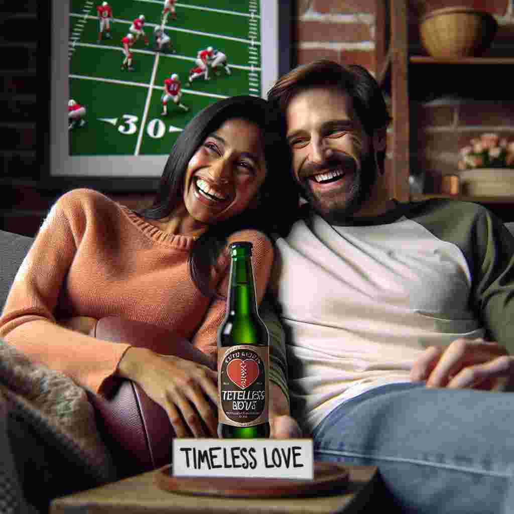 Create a charming, realistic image set on Valentine's Day where a South Asian woman and a Caucasian man are lounging on a cozy couch, enjoying a shared moment of laughter over the football game airing on their television. They have a specifically-themed beer placed between them, the label wittily reads 'Timeless Love', capturing their blended interests. The unique beverage represents the effervescent joy and shared enthusiasm within their companionship.
Generated with these themes: Beer football.dr who.
Made with ❤️ by AI.