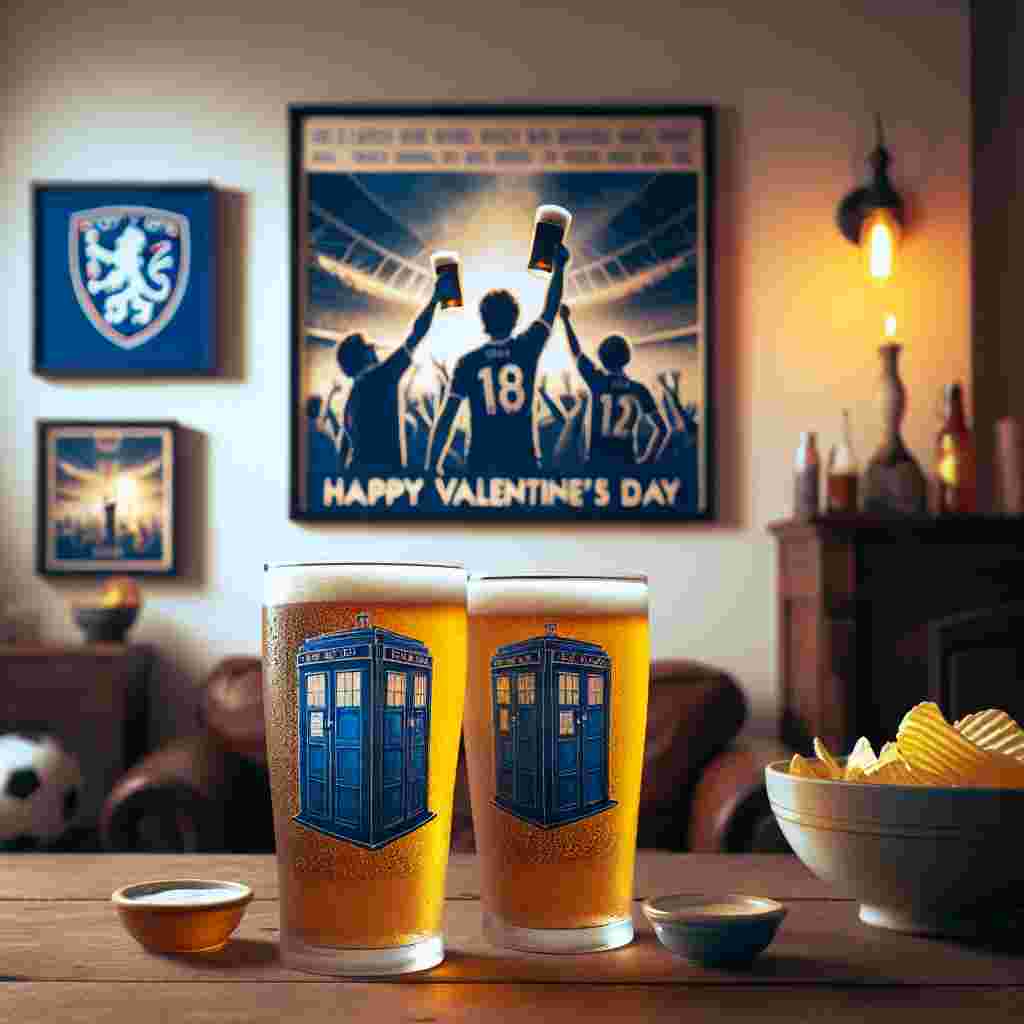 Create a cozy Valentine's Day scene. In this setting, two pint glasses, etched with a familiar-looking yet non-identifiable, blue police box design, are clinking together. A thrilling, unspecified football match can be seen in the background, creating a lively atmosphere. There is a bowl of chips on the table, and the room is lit with a subtle, inviting glow. On the wall, a generic poster shows unknown, yet impressive, football players raising their beers in toast, thus artistically merging the themes of football and beer appreciation into the ambiance of this special day.
Generated with these themes: Beer football.dr who.
Made with ❤️ by AI.