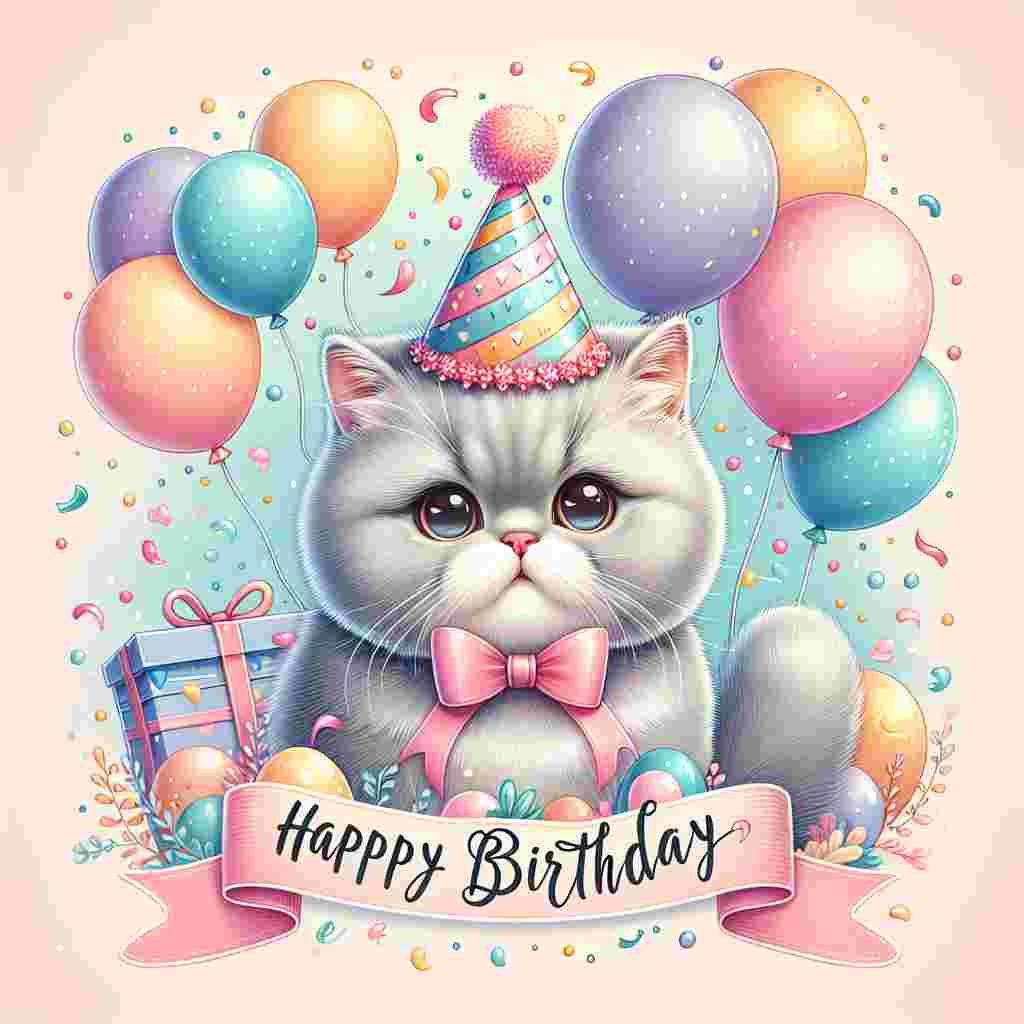 A delightful illustration depicts a playful British Shorthair cat wearing a colorful party hat, surrounded by balloons and confetti. The scene is set against a pastel background with the words 'Happy Birthday' stylishly written above the feline's head.
Generated with these themes: British Shorthair Birthday Cards.
Made with ❤️ by AI.