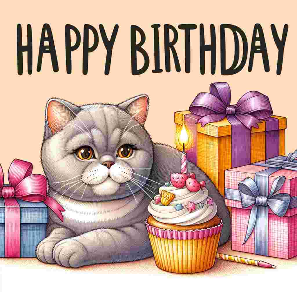 In this warm-hearted birthday card design, a charming British Shorthair sits amidst a pile of gifts, each adorned with ribbons. A cupcake with a single lit candle sits beside the cat, and overhead, the phrase 'Happy Birthday' is emblazoned in bold, cheerful lettering.
Generated with these themes: British Shorthair Birthday Cards.
Made with ❤️ by AI.