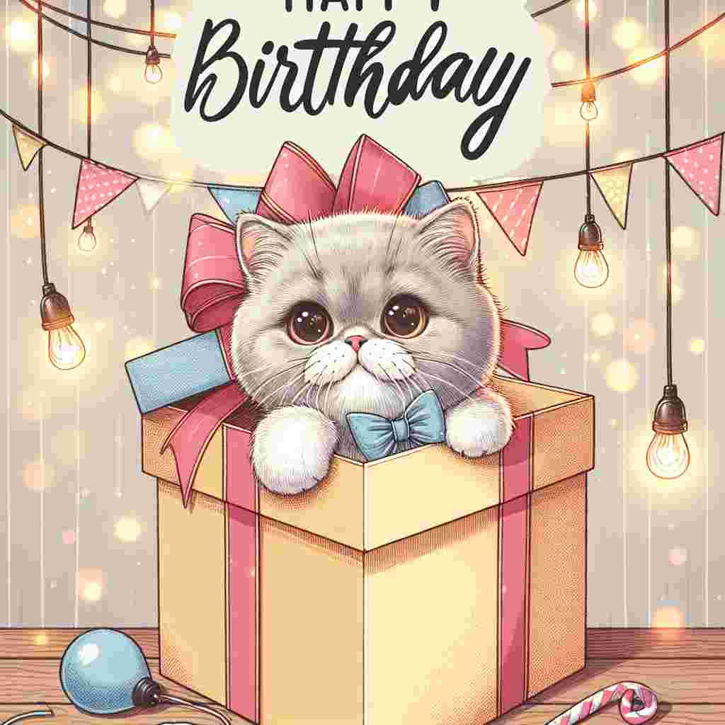 The scene features an adorable British Shorthair peering out from behind a large birthday present, with eyes wide in anticipation. String lights and party streamers frame the image, while 'Happy Birthday' is scripted across the top corner, adding to the celebratory vibe.
Generated with these themes: British Shorthair Birthday Cards.
Made with ❤️ by AI.