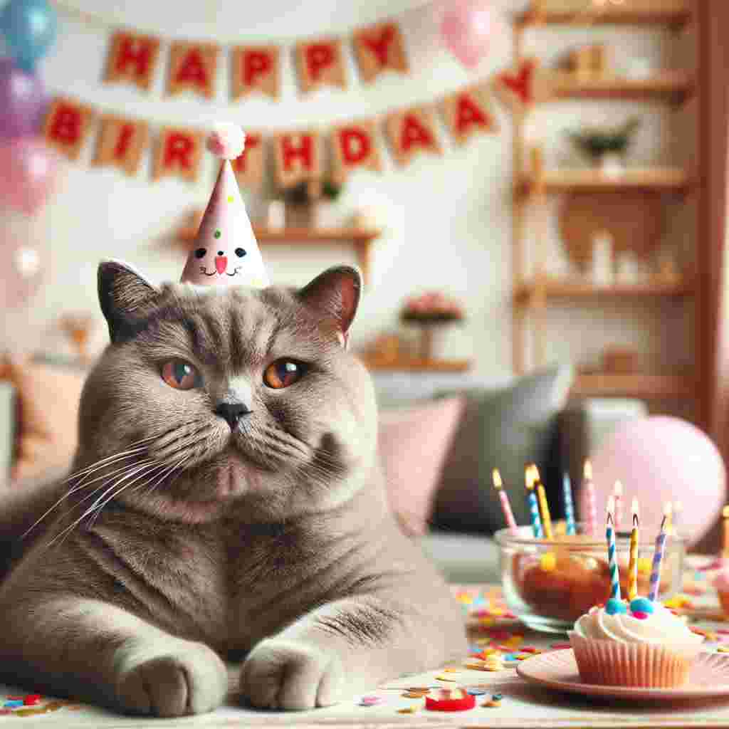 This card showcases a British Shorthair lounging in a cozy room filled with party decorations, a banner that spells out 'Happy Birthday' hangs above, and the cat cheekily sports a tiny party hat on its head, with a contented smile indicating the joy of the occasion.
Generated with these themes: British Shorthair Birthday Cards.
Made with ❤️ by AI.