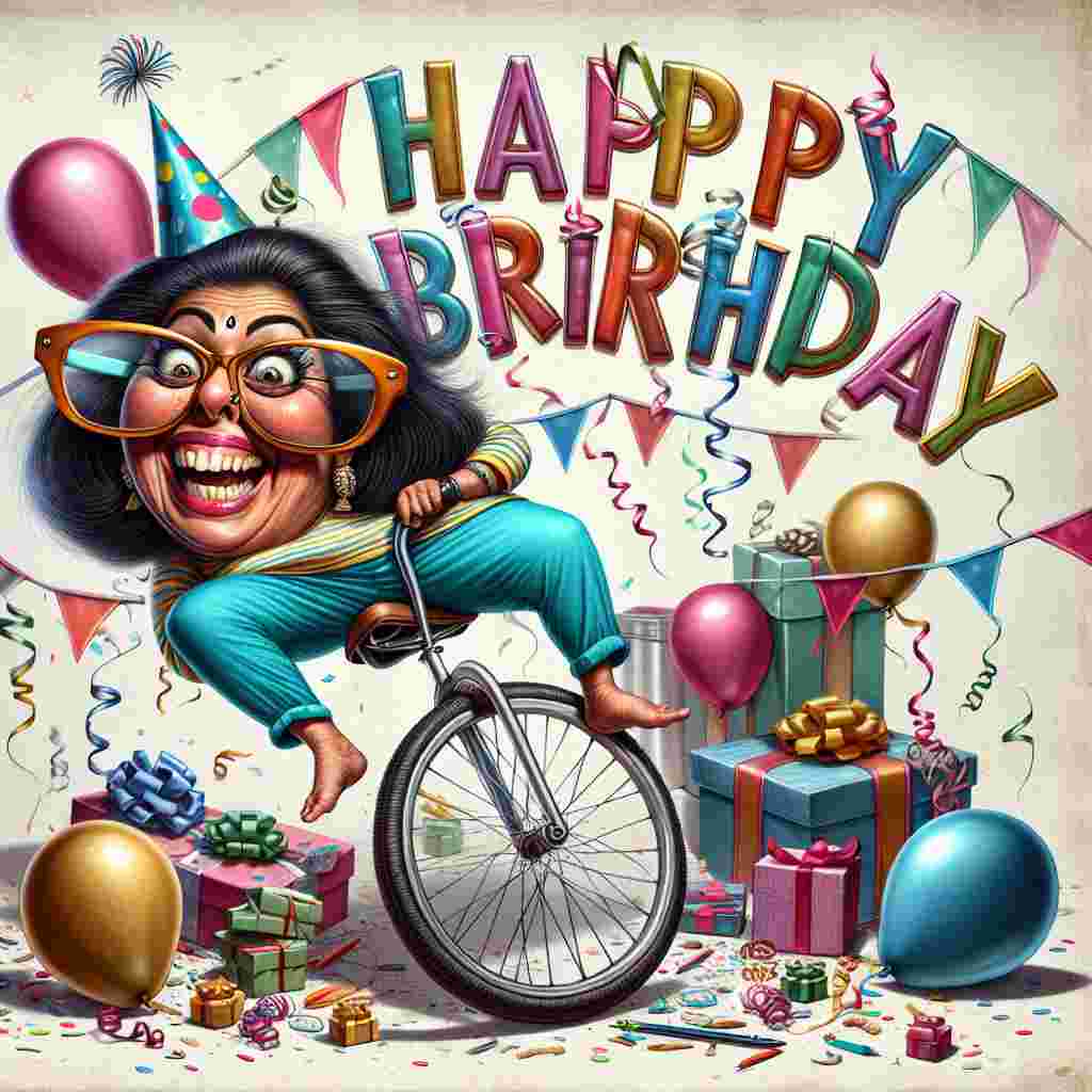 A quirky birthday illustration showing a funny girlfriend, equipped with oversized glasses and a wide grin, as she attempts to balance on a unicycle. Various party elements like gifts, confetti, and balloons are scattered around her, and 'Happy Birthday' is included in bold, cheerful text.
Generated with these themes: funny girlfriend  .
Made with ❤️ by AI.