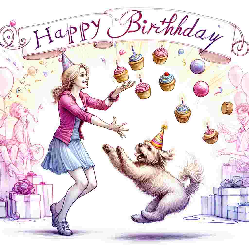 A charming drawing where a funny girlfriend character is juggling cupcakes while her pet dog, wearing a party hat, tries to catch them. The background is a burst of pastel colors with 'Happy Birthday' written in a curly, whimsical font atop the illustration.
Generated with these themes: funny girlfriend  .
Made with ❤️ by AI.
