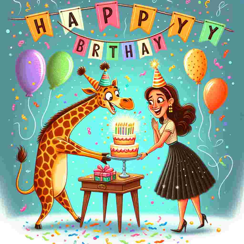 A whimsical birthday card illustration featuring a giraffe in a party hat, humorously bending down to give a birthday cake to a delighted girlfriend at her surprise party. Colorful balloons and confetti embellish the scene with 'Happy Birthday' in playful lettering above.
Generated with these themes: funny girlfriend  .
Made with ❤️ by AI.