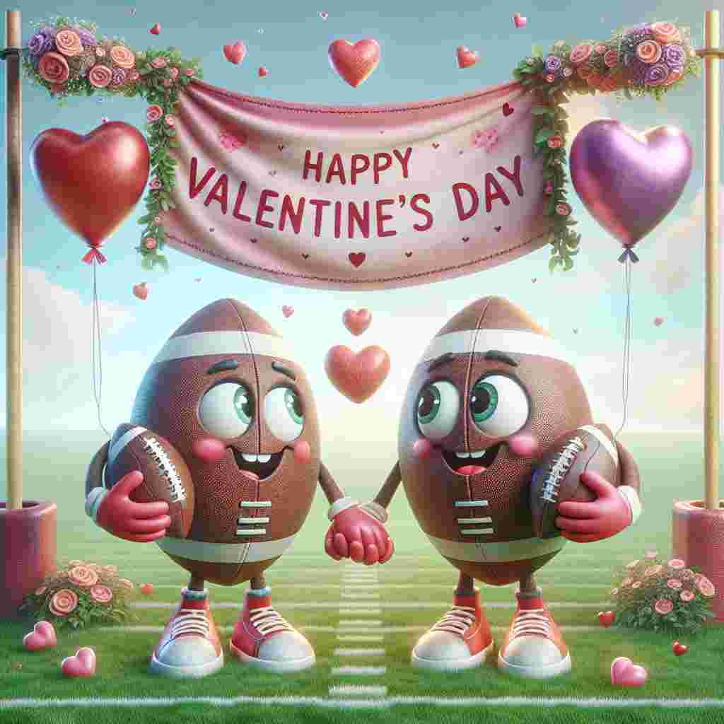 Create an enchanting image illustrating Valentine's Day sentiment. The scene is quaint, featuring two animated American footballs, personified with joyful facial expressions, as they hold hands together. They are situated on a verdant grass field, with a goalpost close by. This goalpost is embellished with fascinating decorations of heart-shaped balloons in shades of pink and red. Above these characters, a banner gracefully flutters in the breeze, announcing 'Happy Valentine's Day.' The banner is further enhanced with tiny hearts and footballs scattered amongst the letters, adding uniqueness to the charming scene.
Generated with these themes: american football.
Made with ❤️ by AI.