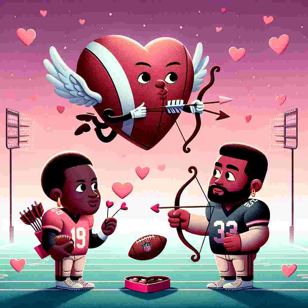 Create an image illustrating a romantic Valentine's Day theme intertwined with American football. Central to the image, a heart-shaped football mimicking Cupid with a bow and arrow hovers in a gentle pink sky. Beneath this, a cartoon couple of diverse descents - a black woman and a Middle-Eastern man - both sporting football jerseys, are exchanging a football-shaped box of chocolates. The periphery of the scene is accentuated with heart-shaped confetti scatterings, and a scoreboard in the far background displaying the words 'Love Wins'.
Generated with these themes: american football.
Made with ❤️ by AI.
