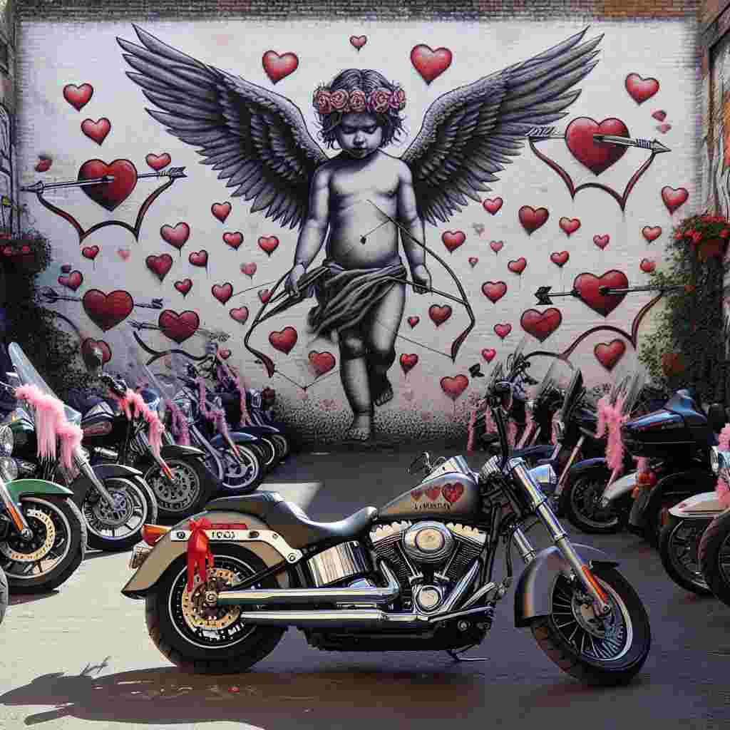 Imagine a picture that transports you to a charismatic place centered around the theme of love. In the foreground, a solitary Harley Davidson motorcycle garnished with ribbons and hearts, commands attention. Its registration plate boldly exhibits 'V1 ODD'. At the backdrop, a wall adorned with graffiti art features numerous Cupids and arrows, adding piquancy to the scene. Accompanying this, a collection of parked motorcycles are discretely decorated with Valentine's theme elements, generating a congenial and shared feeling among motorcycle enthusiasts united by love.
Generated with these themes: Harley Davidson motorcycles registration V1 ODD.
Made with ❤️ by AI.