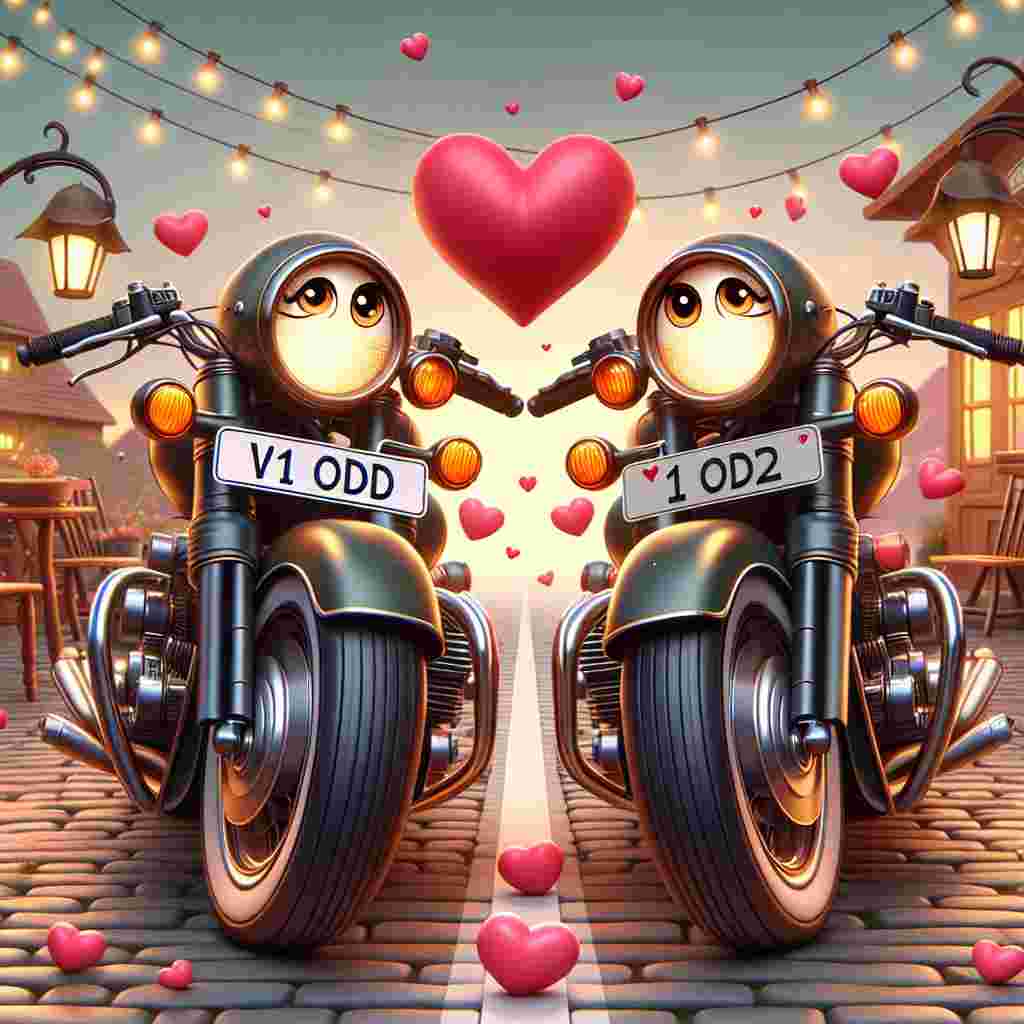 Illustrate a Valentine's Day themed scene where two stylized motorcycles showing emotions through their headlights that mimic eyes, hold their handlebars together like intertwined fingers. One of them proudly sports a registration plate with 'V1 ODD'. The motorbikes are parked on an enchanting cobblestone road. Surround them with floating hearts, denoting the romantic atmosphere. In the distance, a quaint café provides a heartwarming setting, further enhancing the intimate mood.
Generated with these themes: Harley Davidson motorcycles registration V1 ODD.
Made with ❤️ by AI.