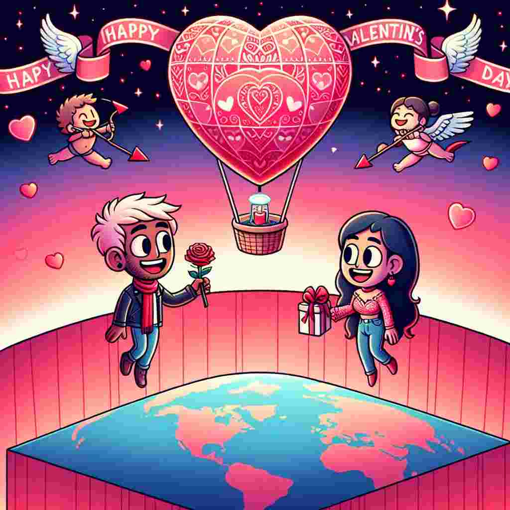 Illustrate a simplified interpretation of a flat earth. The image should prominently feature a heart-shaped hot air balloon floating serenely in the sky, decorated with designs of tinier hearts and Cupid's arrows. Beneath this, two cartoonish characters, a South Asian male and a Hispanic female, are sharing a gift and a rose, their feelings portrayed through their exaggerated, cheerful facial expressions. The setting should be dominated by a palette of pinks and reds. A ribbon banner across the flat horizon conveys the message, 'Happy Valentine's Day', to everyone who gazes upon it.
Generated with these themes: Flat earth .
Made with ❤️ by AI.