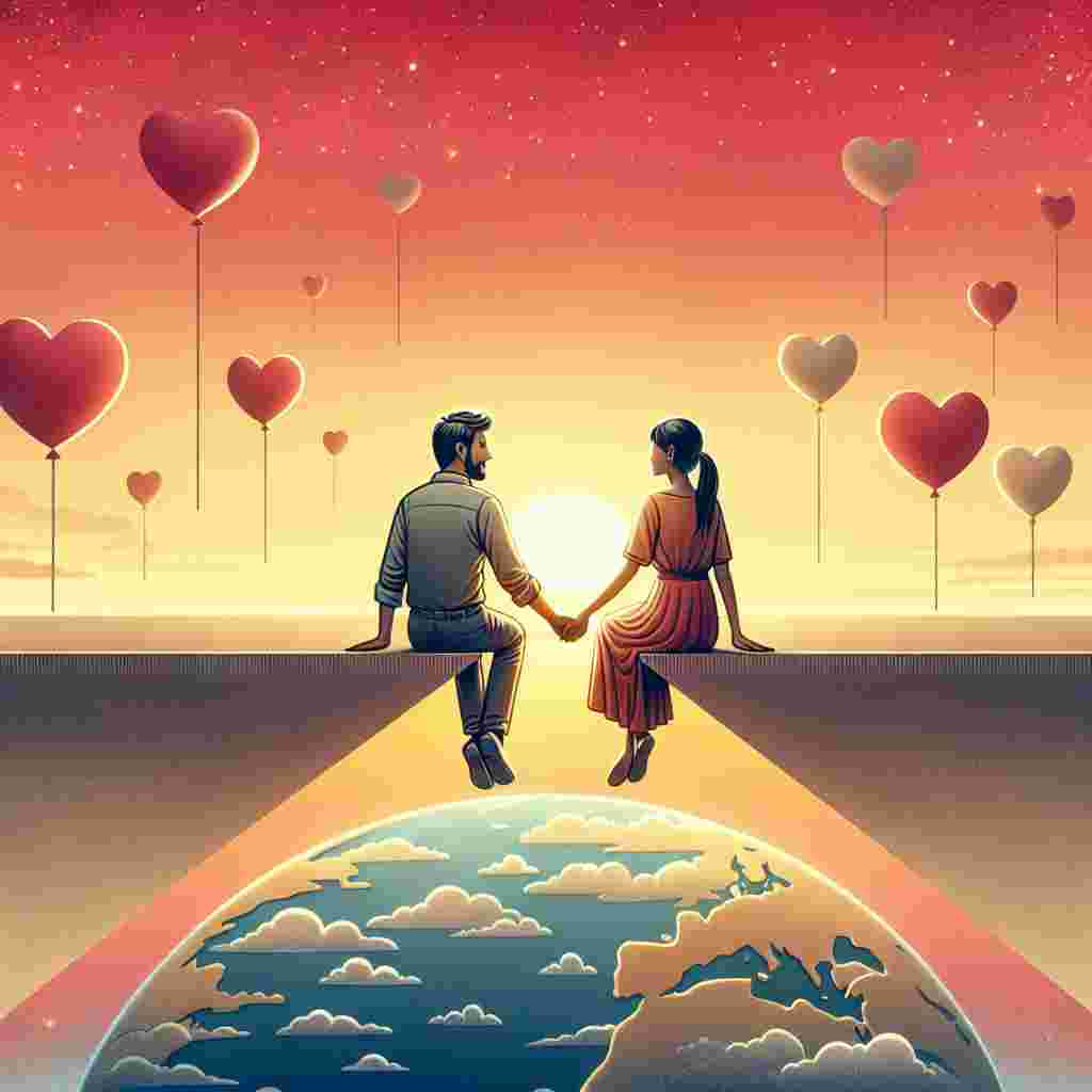 Create an image of a touching scene set on a flat representation of the world. The horizon appears as a straight line against this backdrop. A South Asian man and an African woman, hand in hand, sharing a romantic glance is the central element. Above them, hearts float like balloons in the sky. The setting sun casts a gentle, warm light over everything, adding a layer of romantic ambiance. The edge of the flat world is clearly visible, hinting a snug boundary to their adorable, uplifting universe.
Generated with these themes: Flat earth .
Made with ❤️ by AI.