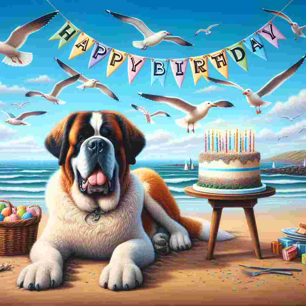 A seaside birthday scene where a cartoon St. Bernard sits on a sandy beach, a birthday cake by its side. Overhead, seagulls carry a banner that reads 'Happy Birthday', adding a whimsical touch to the tranquil setting.
Generated with these themes: St. Bernard  .
Made with ❤️ by AI.