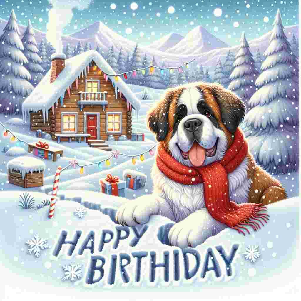 A winter-themed birthday illustration showcasing a cheerful St. Bernard with a red scarf, playfully jumping amongst snowflakes. A snow-covered cabin in the background and 'Happy Birthday' etched into the snowbank is heartwarmingly cute.
Generated with these themes: St. Bernard  .
Made with ❤️ by AI.