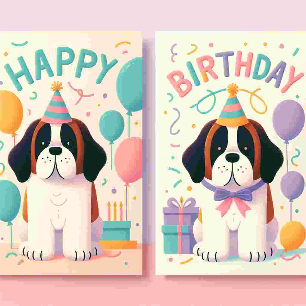 A charming birthday card dominated by pastel shades, featuring a playful St. Bernard at the center wearing a party hat surrounded by balloons and confetti. The words 'Happy Birthday' arch above in a whimsical, childlike font.
Generated with these themes: St. Bernard  .
Made with ❤️ by AI.