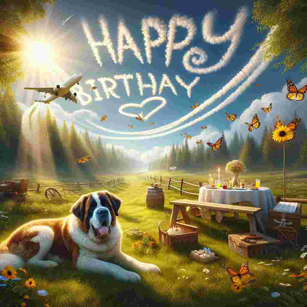 An adorable, sunlit meadow illustration for a birthday scene, with a gentle St. Bernard lying on the grass. Fluttering butterflies and a picnic setup complete the look, with 'Happy Birthday' written in the sky by a plane trail.
Generated with these themes: St. Bernard  .
Made with ❤️ by AI.