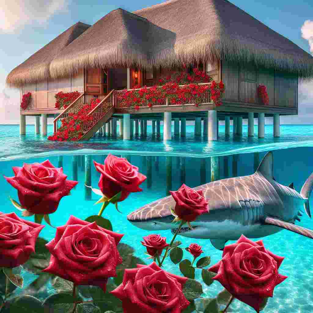 Experience the charm of a thatched-roof bungalow perched above the sapphire-blue waters of the Maldives. Graceful roses, the color of a rich red velvet cake, adorn the deck, sharing their space with statues of majestic lions, seeming to sunbask in the loving ambience of a Valentine's Day celebration. Just underneath the sea's tranquil surface, a benevolent shark swims by, adding an incredible note of peaceful coexistence to this picturesque view.
Generated with these themes: Lion, Red, Maldives  , and Shark.
Made with ❤️ by AI.
