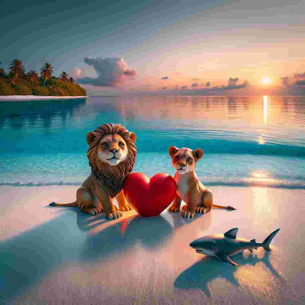 Visualize an enchanting scene set on a serene beach in the Maldives. The deep blue waters mirror the warm hues of a romantic sunset. On the lustrous, pristine white sands, a pair of lovable lion cubs, cast in a realistic style, frolic with a bright red heart-shaped cushion. The cushion signifies love and affection as a nod to Valentine's Day. A few paces off into the shallows, there swims a good-natured shark – its streamlined form slicing through the clear waters, infusing a dash of thrill into the otherwise tranquil setting.
Generated with these themes: Lion, Red, Maldives  , and Shark.
Made with ❤️ by AI.