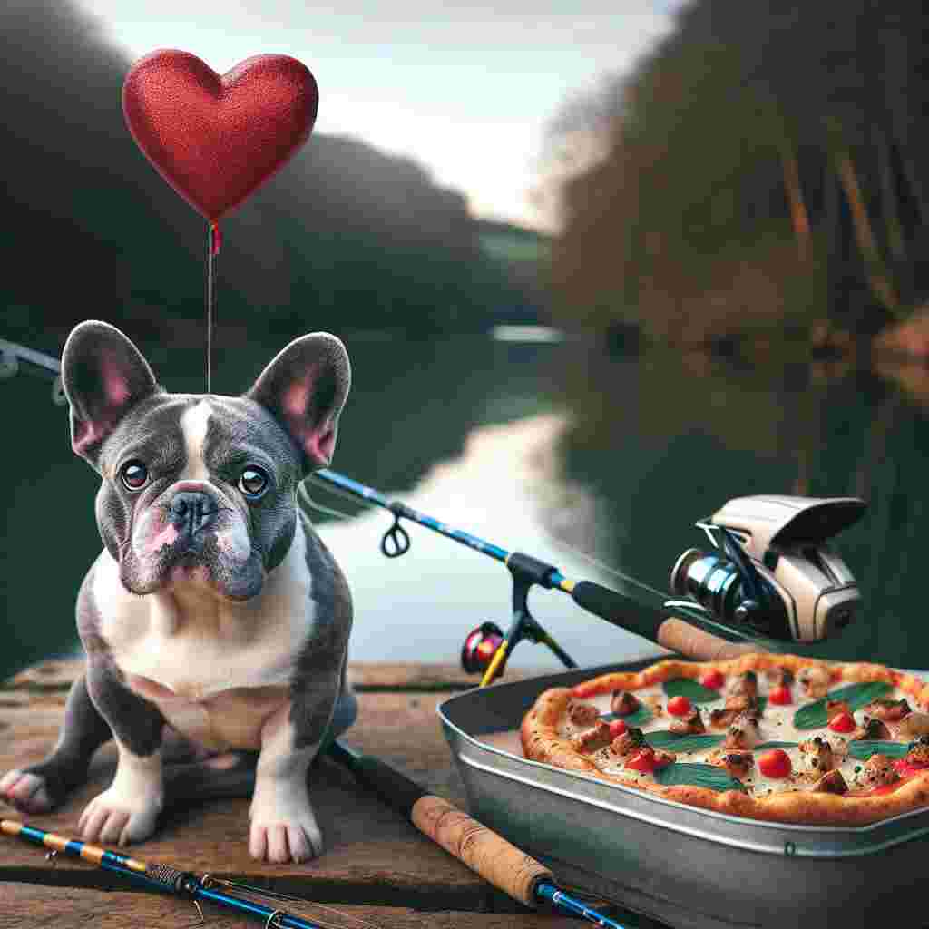 Create an idyllic image of a charismatic grey and white French Bulldog, which has a subtle blush of pink on its cheeks, embodying Valentine's Day spirit. The adorable canine is sitting beside a peaceful lake in a setting suggestive of Dorset. We can see a couple of carp fishing rods propped next to it, indicating its involvement in the fishing activity. The dog sports a miniature fisherman's hat, adding to its charm. Hovering above, we see a heart-shaped pizza adorned with assorted toppings, which stands as a symbol of shared affection for both the adorable pet and the iconic comfort food.
Generated with these themes: Grey and white french bulldog, Carp fishing, Dorset , and Pizza.
Made with ❤️ by AI.